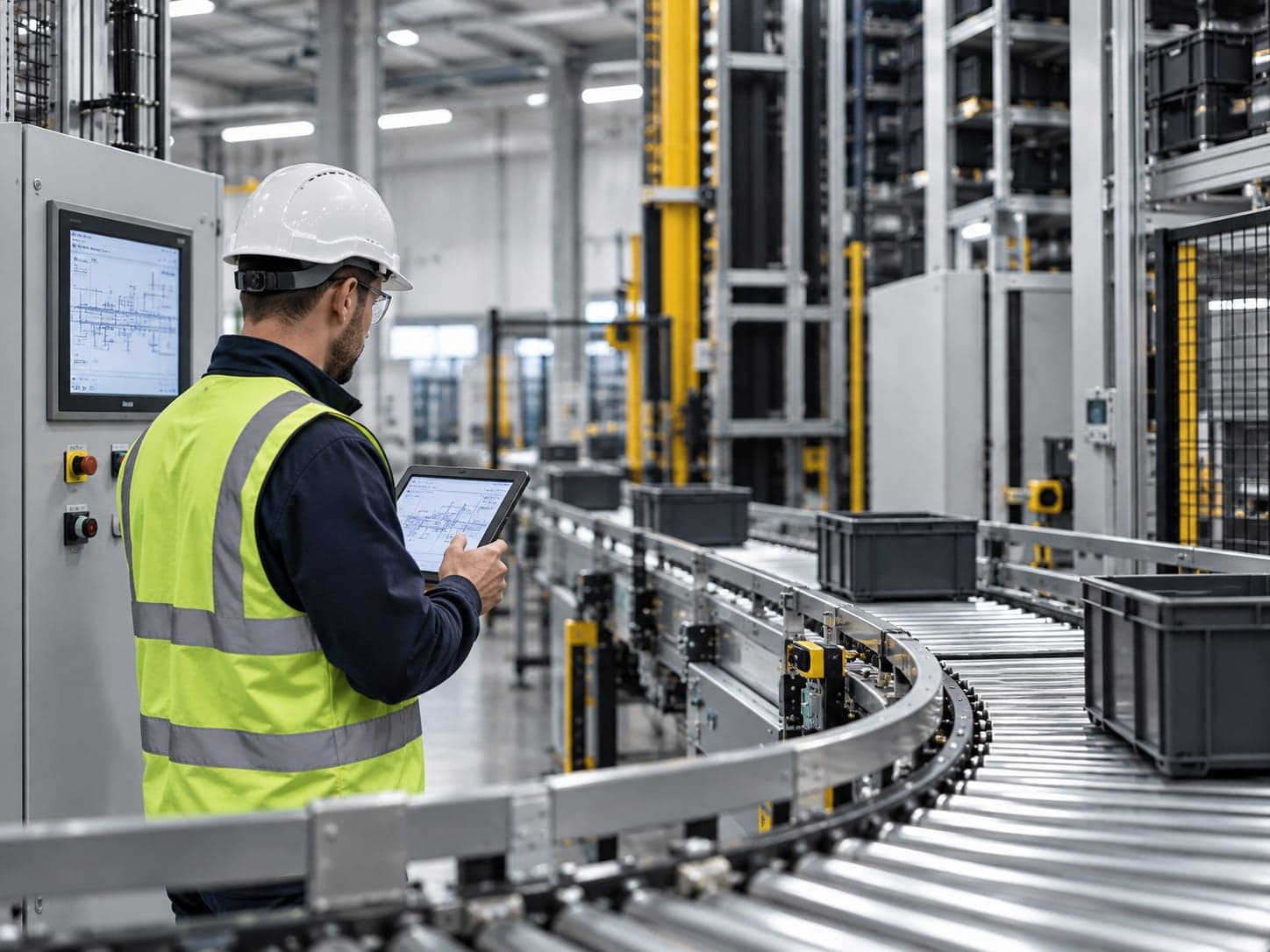 A Star Engineering technician reviewing a warehouse automation system